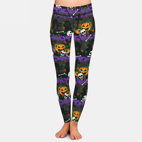 Ladies Gothic Graveyard, Red Roses, Pumpkins & Cats Printed Leggings