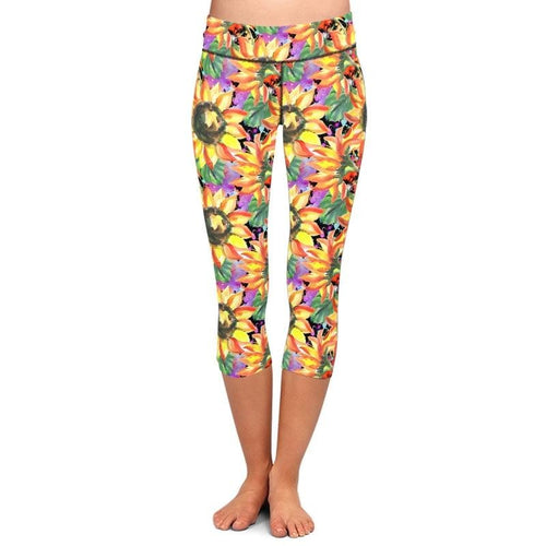 Ladies Assorted 3D Watercolour Sunflower Design Printed Capri Leggings