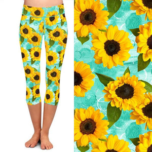 Ladies Assorted 3D Watercolour Sunflower Design Printed Capri Leggings