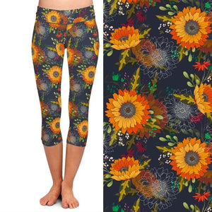 Ladies Assorted 3D Watercolour Sunflower Design Printed Capri Leggings