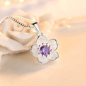 Beautiful 925 Sterling Silver Flower Necklaces With Pink Or Purple Crystal Zircon - Length 45CM