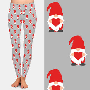 Ladies Cute Valentines Gnomes In Red Hats Printed Leggings