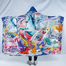 Laden Sie das Bild in den Galerie-Viewer, Assorted Rainbow Unicorn Patterned 3D Printed Plush Hooded Blankets