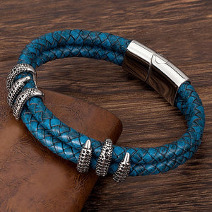 Mens Stainless Steel Vintage Blue Leather - Gold Dragon Claw Punk Jewellery