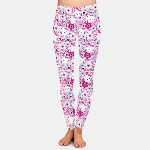 Ladies Cute 3D Cartoon Cat & Flowers Patterned Leggings