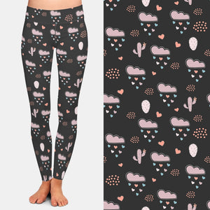 Ladies Hearts & Clouds Raining With Hearts Printed Leggings
