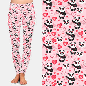 Ladies 3D Valentine's Day Pandas & Hearts Printed Leggings