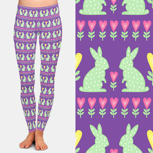 Ladies 3D Happy Easter Patterns With Bunnies Printed Leggings