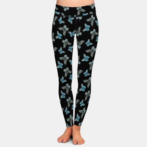 Ladies Black With Gorgeous Blue/Grey 3D Butterfly Printed Leggings