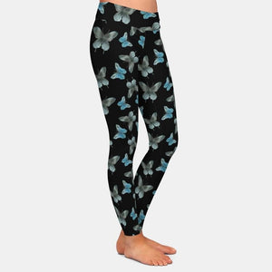 Ladies Black With Gorgeous Blue/Grey 3D Butterfly Printed Leggings