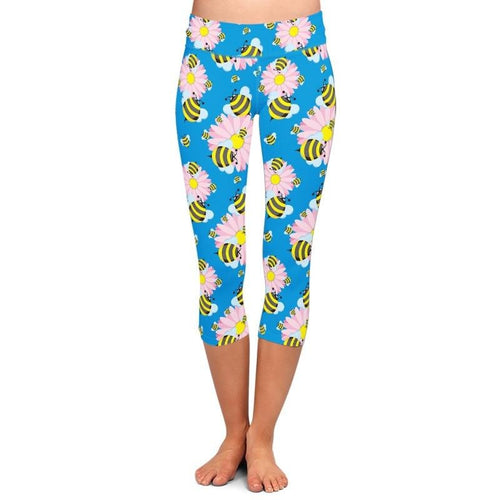 Ladies 3D Cute Bees Stretch Capri Leggings