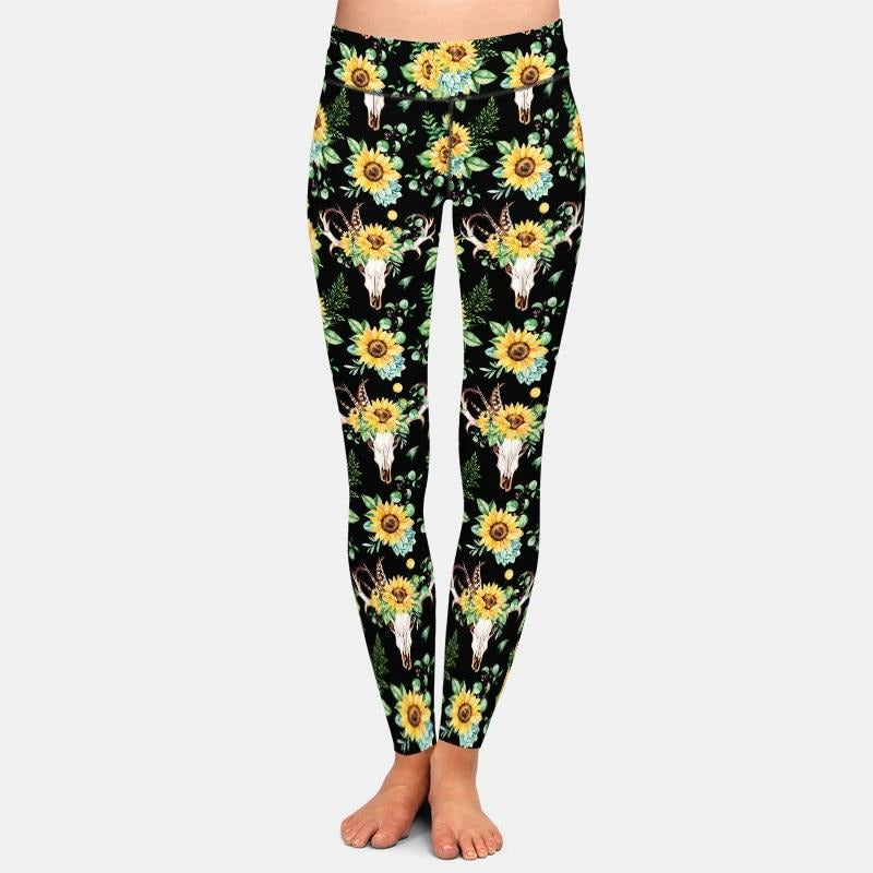 Ladies Sunflowers & Skulls/Horns Patterned Leggings