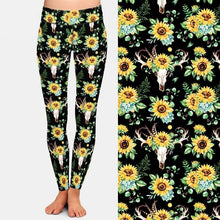 Laden Sie das Bild in den Galerie-Viewer, Ladies Sunflowers &amp; Skulls/Horns Patterned Leggings