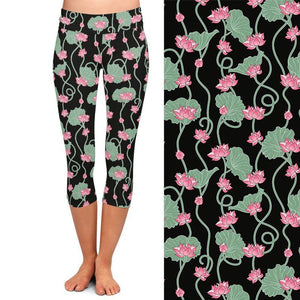 Ladies Beautiful Lotus Flowers Design Capri Leggings