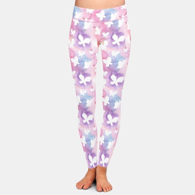 Ladies White Butterflies With Pastel Background Patterned Brushed Leggings