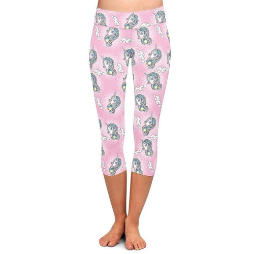 Ladies Cute Unicorns, Stars & Clouds Printed Capri Leggings