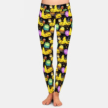 Laden Sie das Bild in den Galerie-Viewer, Ladies Halloween Watercolour Pumpkins &amp; Cartoon Monsters Printed Leggings