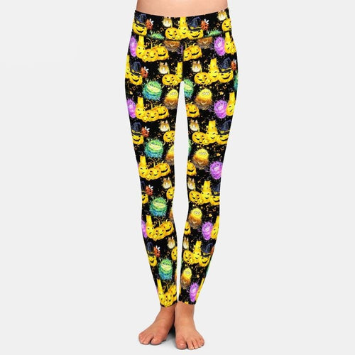 Ladies Halloween Watercolour Pumpkins & Cartoon Monsters Printed Leggings