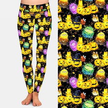 Carica l&#39;immagine nel visualizzatore di Gallery, Ladies Halloween Watercolour Pumpkins &amp; Cartoon Monsters Printed Leggings