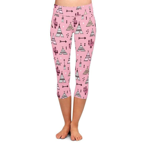 Ladies Pink Teepee Tents & Cactus Printed Capri Leggings