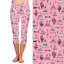 Charger l&#39;image dans la galerie, Ladies Pink Teepee Tents &amp; Cactus Printed Capri Leggings