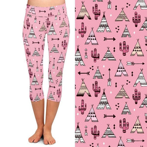 Ladies Pink Teepee Tents & Cactus Printed Capri Leggings