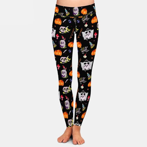 Ladies Halloween Tombstones, Pumpkins & Ghosts Printed Leggings