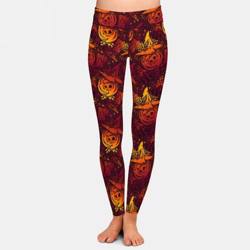 Ladies 3D Halloween Pumpkin In Hats Printed Leggings