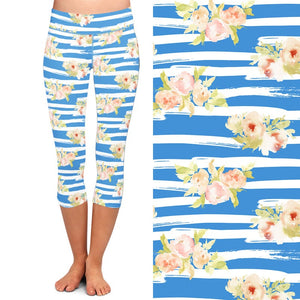 Ladies 3D Blue & White Stripes With Flowers Printed Capri Leggings