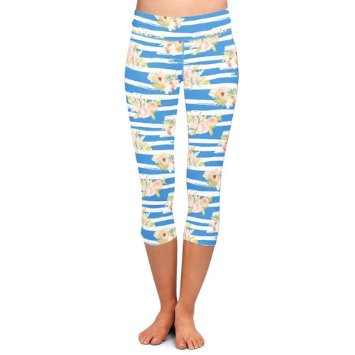 Ladies 3D Blue & White Stripes With Flowers Printed Capri Leggings