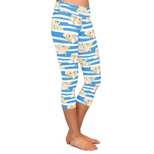 Load image into Gallery viewer, Ladies 3D Blue &amp; White Stripes With Flowers Printed Capri Leggings
