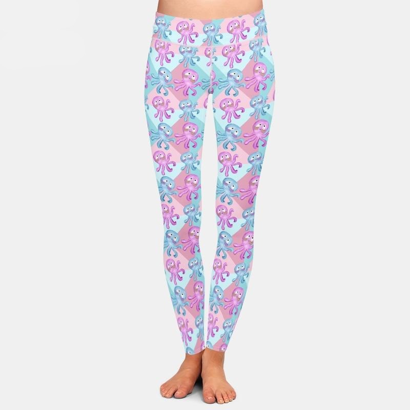 Ladies Cute Pink & Blue Cartoon-Style Octopus Printed Leggings