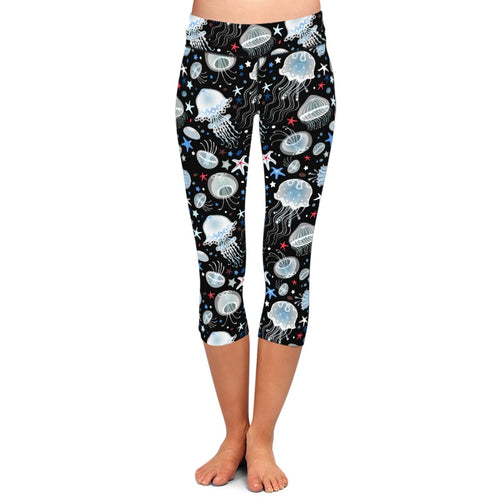 Womens 3D Sea Animals/Jellyfish Printed Capri Leggings