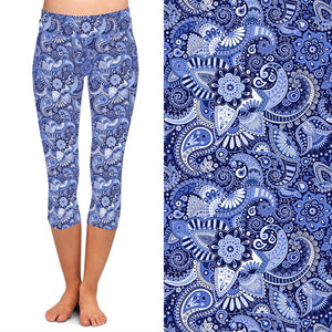 Ladies Beautiful Blue 3D Paisley Printed Capri Leggings