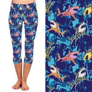 Ladies Coloured Shark Printed Capri Leggings