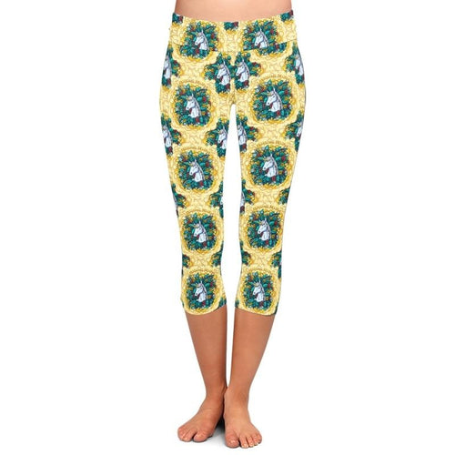 Ladies Summer Unicorn, Flowers & Leaves Printed Capri Leggings