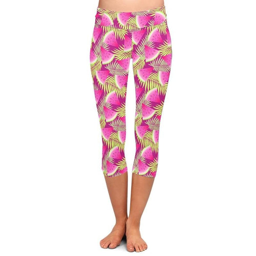 Ladies Pink Watermelon & Green Palm Tree Leaves Printed Capri Leggings