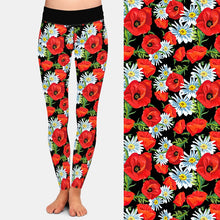 Laden Sie das Bild in den Galerie-Viewer, Ladies Beautiful Black Poppy Flowers Printed Leggings