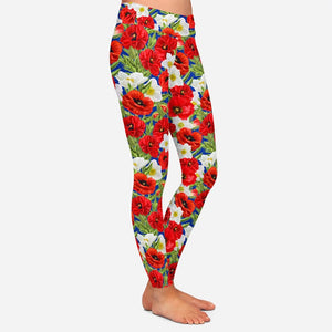 Ladies New 3D Poppies & Flowers Printed Leggings