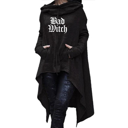 Womens Long Irregular Bad Witch Printed Hoodies