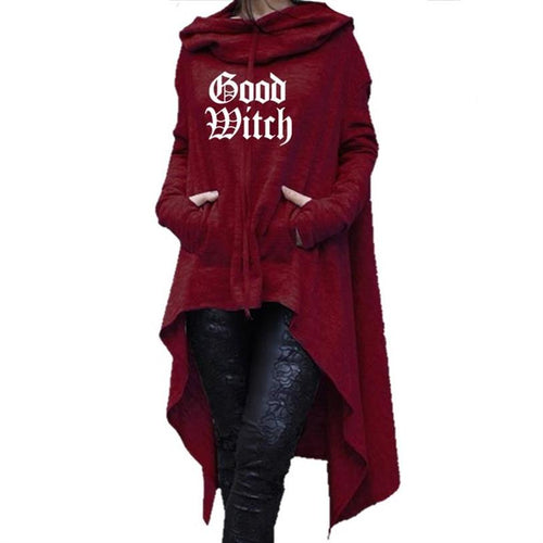 Womens Long Length Good Witch Printed Irregular Hoodie