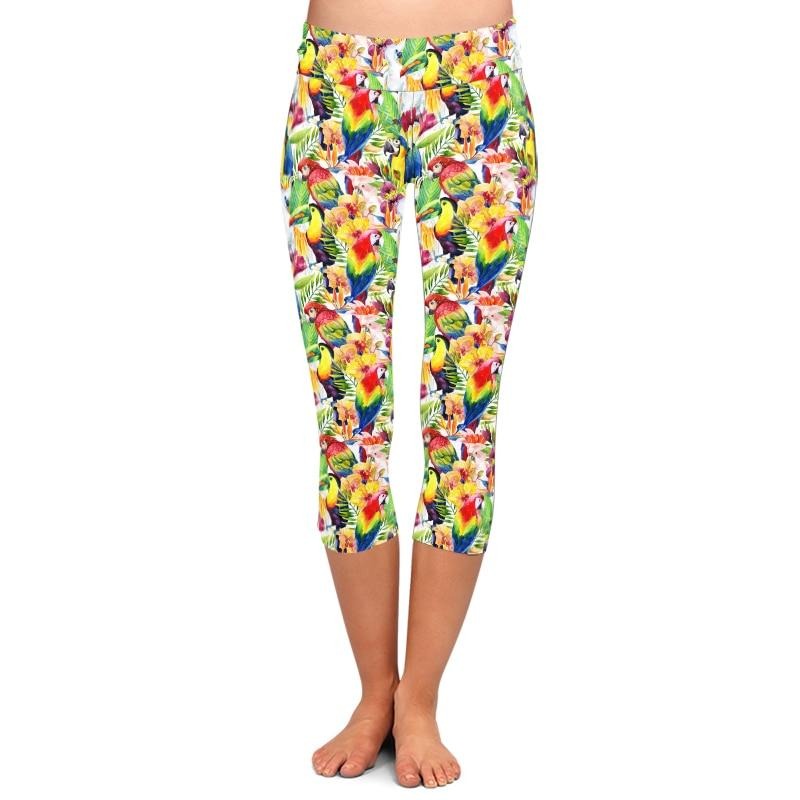 Ladies 3D Watercolour Exotic Birds, Parrots & Tropical Flowers Printed Capri Leggings