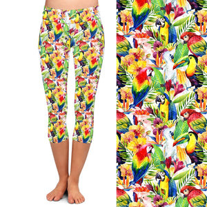 Ladies 3D Watercolour Exotic Birds, Parrots & Tropical Flowers Printed Capri Leggings