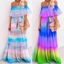 Laden Sie das Bild in den Galerie-Viewer, Womens Gorgeous Off Shoulder Strapless Rainbow Gradient Colour Printed Dresses
