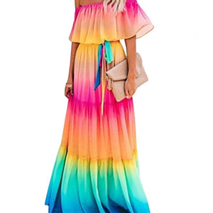 Womens Gorgeous Off Shoulder Strapless Rainbow Gradient Colour Printed Dresses
