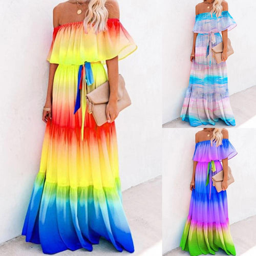 Womens Gorgeous Off Shoulder Strapless Rainbow Gradient Colour Printed Dresses