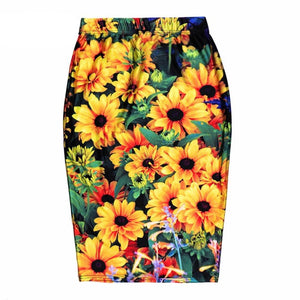 Womens Casual/Office Sunflowers Printed Stretch Pencil Skirts