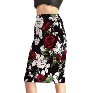 Womens Casual/Office Red Roses Printed Stretch Pencil Skirts