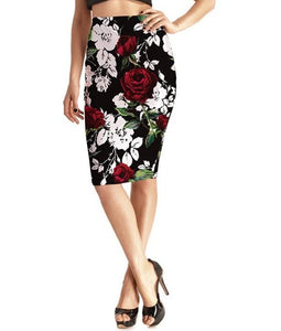 Womens Casual/Office Red Roses Printed Stretch Pencil Skirts