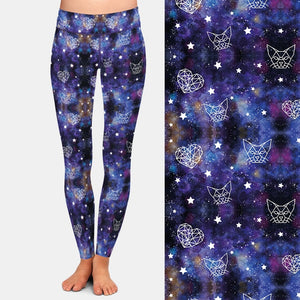 Ladies 3D Galaxy Cats, Hearts & Stars Pattern Printed Leggings